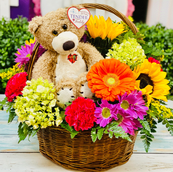 flower baskets with teddy