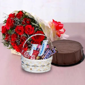 Cake and Red Rose Bouquet with Chocolate Basket Online Gifting in Pakistan