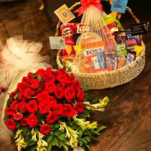 Chocolates Basket With Flower Bouquet For Special Moments